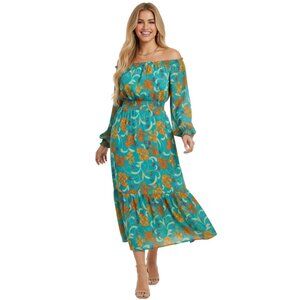 NWT Sofia Vergara 2-Way Off Shoulder Midi Dress Caneel Bay L Smocked